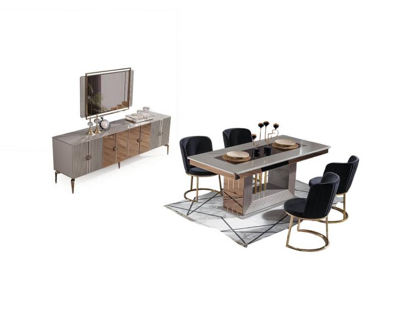Xlmoebel Esszimmer-Set Elegantes Esszimmer-Ensemble mit Esstisch, 4 Stühlen und Sideboard, (7-St., 7tlg.Esszimmer Set (Esstisch+4x Stühle+Anrichte+Spiegel), Hergestellt in Europa von Xlmoebel