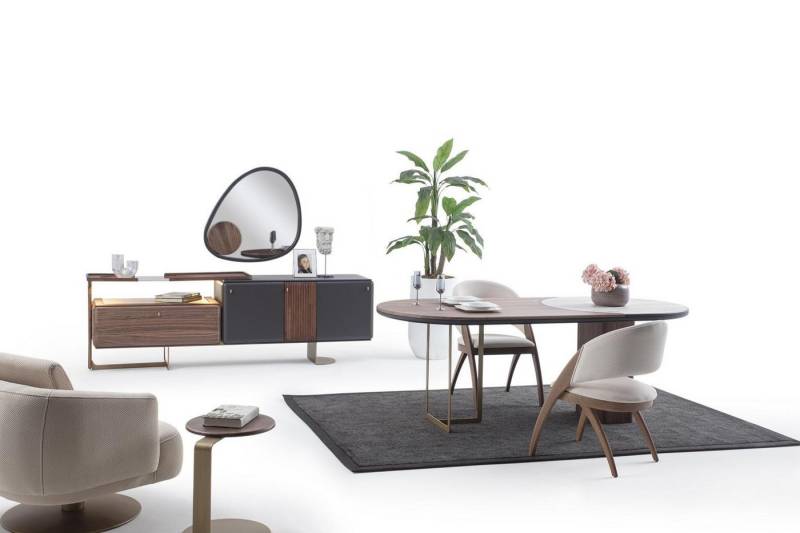 Xlmoebel Esszimmer-Set Elegantes Esszimmer-Set: Tisch mit 4 gepolsterten Stühlen, Sideboard, (7-St., 7tlg.Esszimmer Set (Esstisch + 4x Stühle + Anrichte + Spiegel), Hergestellt in Europa von Xlmoebel