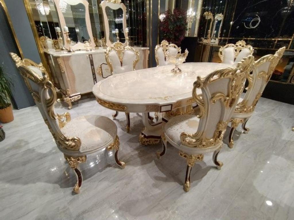 Xlmoebel Esszimmer-Set Essbereich Set Sessel 6x Sitzmöbel Esskollektion Stühle Buffetschrank, (8-St., Esstisch / 6x Stühle / Anrichte mit Spiegel), Hergestellt in Europa von Xlmoebel