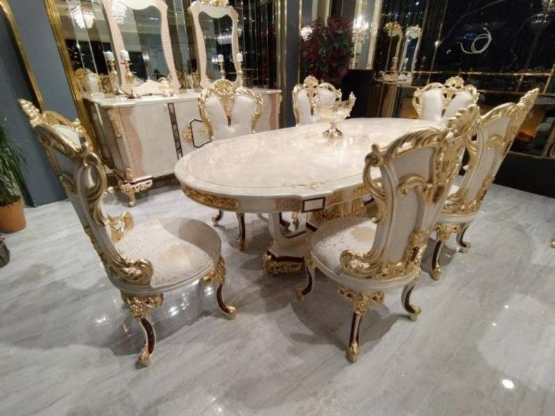 Xlmoebel Esszimmer-Set Essbereich Set Sessel 6x Sitzmöbel Esskollektion Stühle Buffetschrank, (8-St., Esstisch / 6x Stühle / Anrichte mit Spiegel), Hergestellt in Europa von Xlmoebel