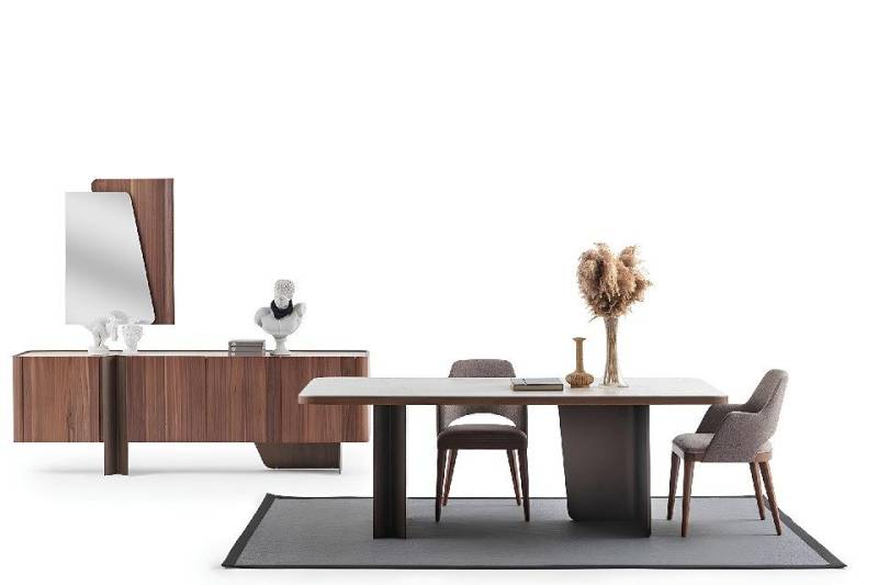 Xlmoebel Esszimmer-Set Esszimmer 7tlg Modern Set Esstisch Sideboard Buffet Spiegel Stühle, (7-St., Esszimmer-Set 7tlg. (Esstisch + 4x Stühle + Sideboard + Spiegel), Hergestellt in Europa von Xlmoebel