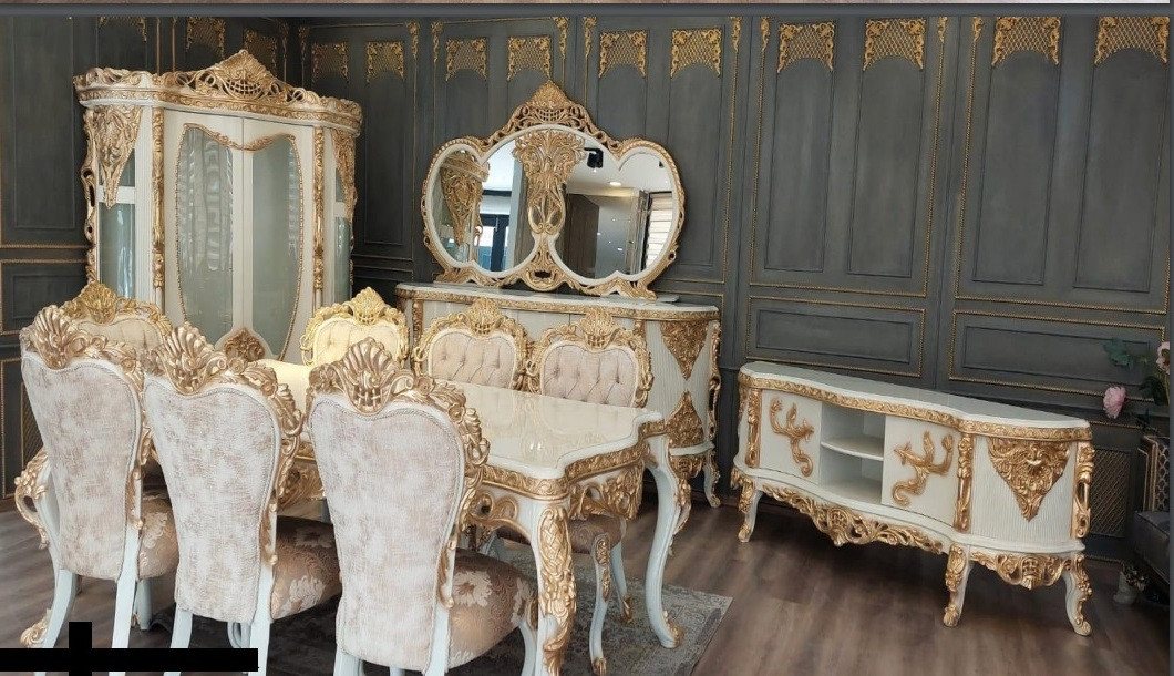 Xlmoebel Esszimmer-Set Esszimmer Esstisch Stühle Anrichte Spiegel Vitrine Holz Set 10tlg., (10-St., Esstisch + 6x Stühle + Anrichte + Spiegel + Vitrine), Hergestellt in Europa von Xlmoebel