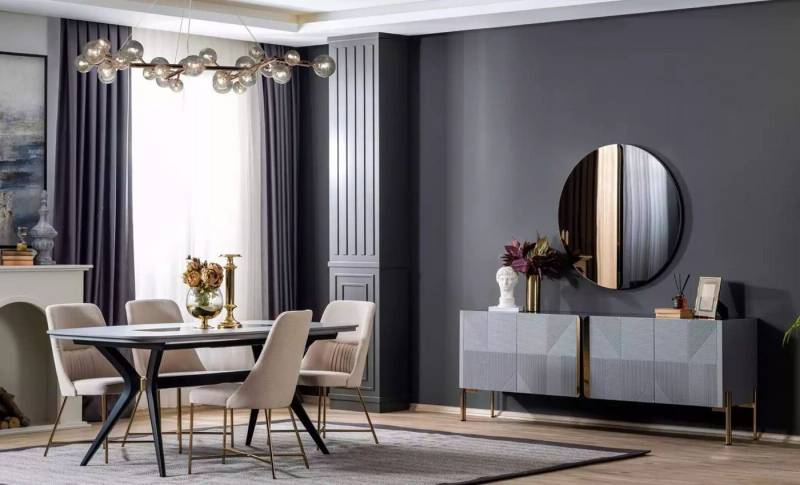 Xlmoebel Esszimmer-Set Esszimmer Holz Essensemble Set Gruppe Tisch 4x Stühle Esskombi 7tlg, (7-St., 1x Esstisch + 4х Stühle + 1x Sideboard + 1x Spiegel), Hergestellt in Europa von Xlmoebel