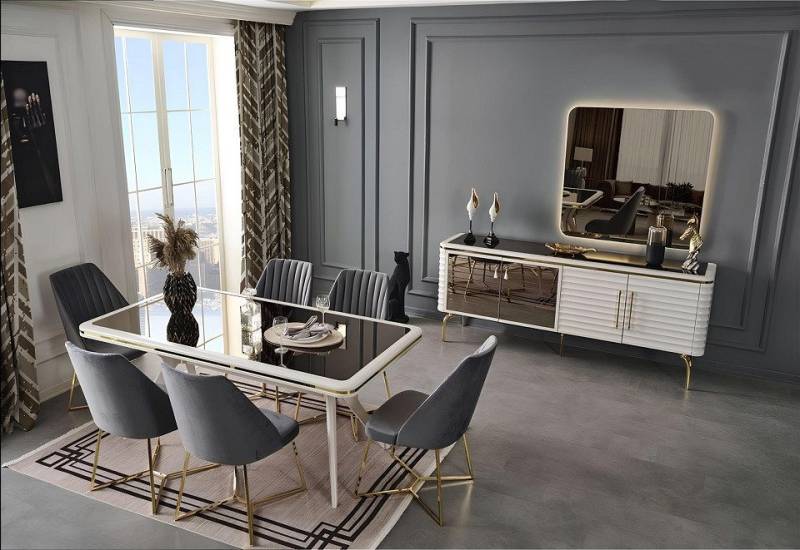 Xlmoebel Esszimmer-Set Esszimmer Set in Weiß und Grau mit Holztisch und 6 Stühlen aus Stoff, (9-St., 9tlg.Esszimmer Set (Esstisch + 6x Stühle + Sideboard + Spiegel), Hergestellt in Europa von Xlmoebel
