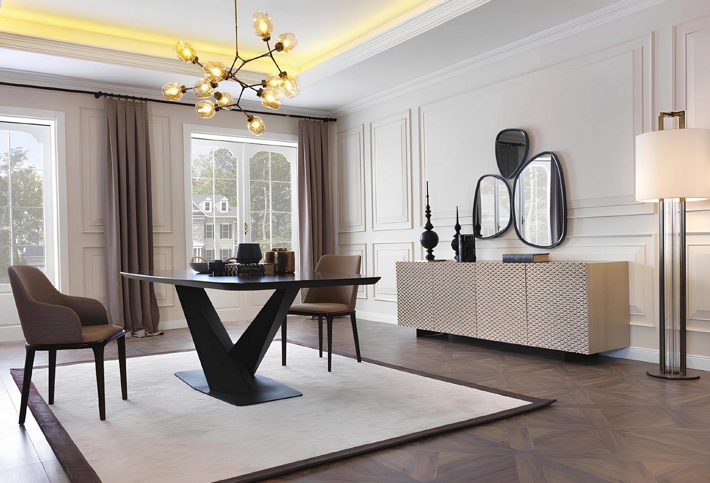 Xlmoebel Essgruppe Esszimmermöbel Set mit Tisch, 4 Stühlen, Sideboard und Spiegel, (7tlg.Esszimmer Set(Tisch + 4x Stühle + Anrichte + Spiegel), Hergestellt in Europa von Xlmoebel