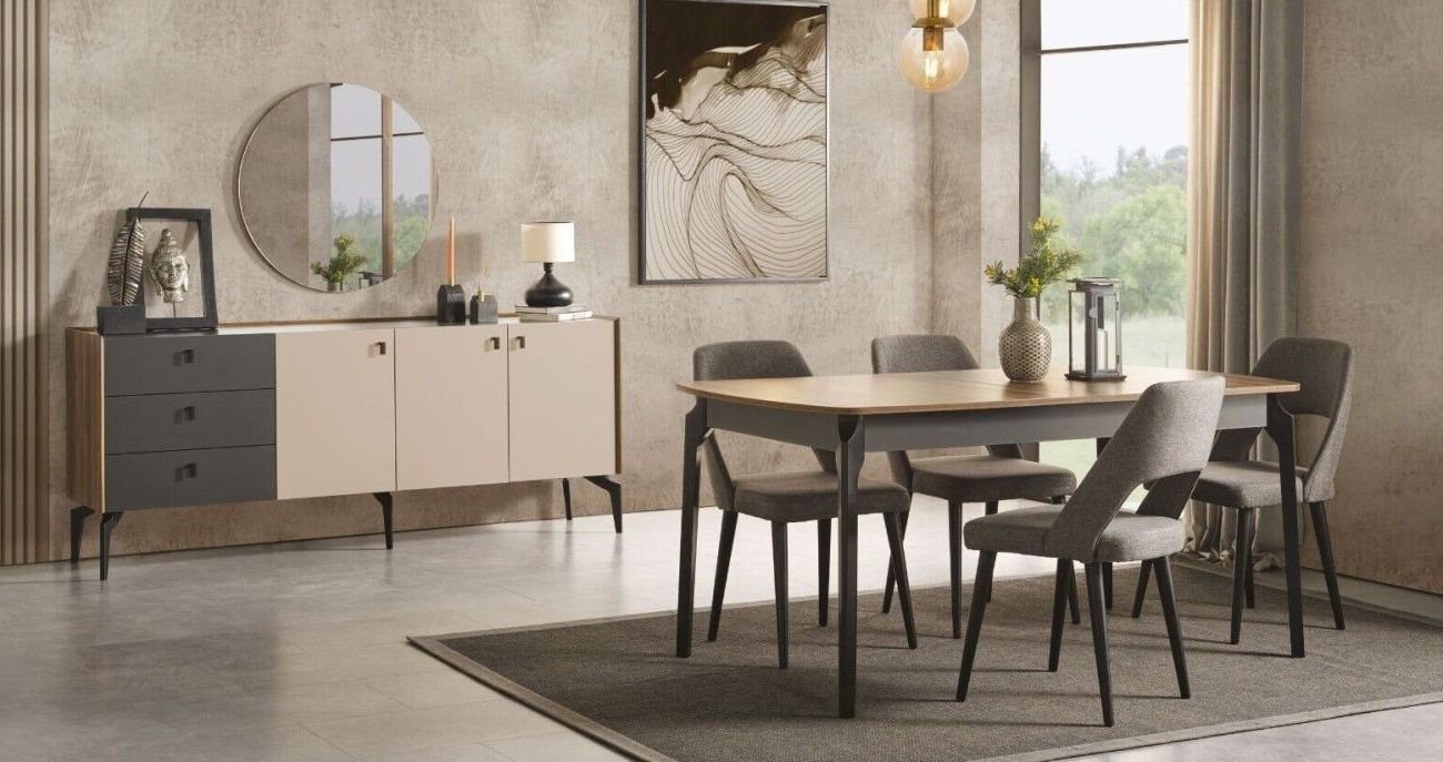 Xlmoebel Essgruppe Exklusives Esszimmer-Ensemble: Esstisch mit 4 Stühlen und Sideboard, (7tlg. Esszimmer-set(Esstisch+4xStuhl+Sideboard mit Spiegel), Hergestellt in Europa von Xlmoebel