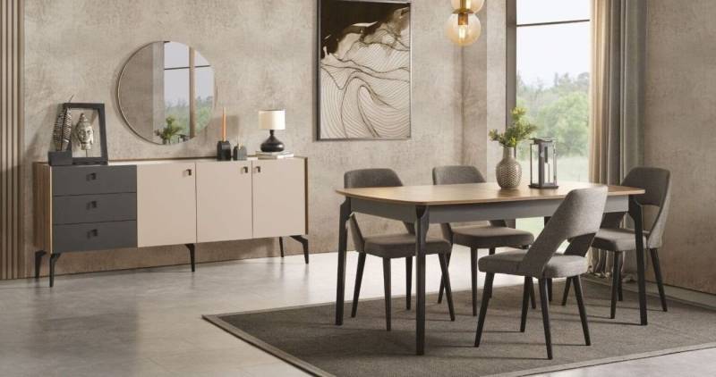 Xlmoebel Essgruppe Exklusives Esszimmer-Ensemble: Esstisch mit 4 Stühlen und Sideboard, (7tlg. Esszimmer-set(Esstisch+4xStuhl+Sideboard mit Spiegel), Hergestellt in Europa von Xlmoebel