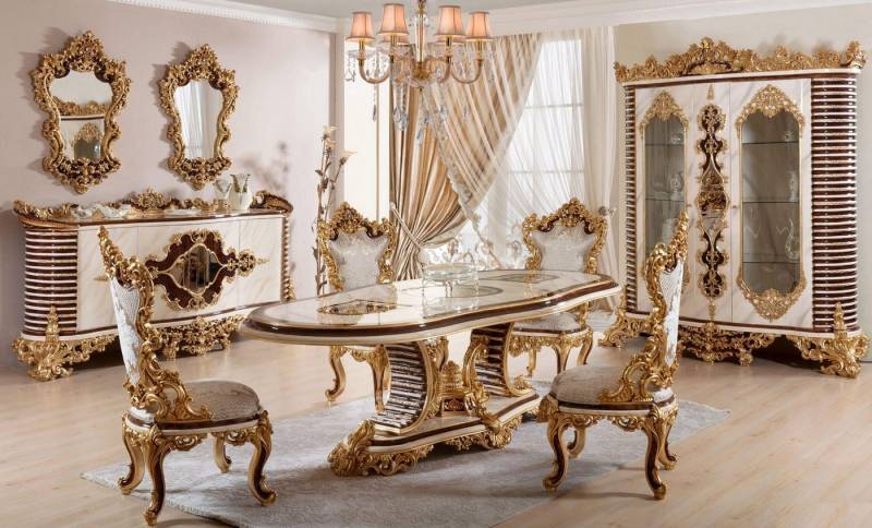 Xlmoebel Essgruppe Goldene Traditionelle Esszimmermöbel Set mit Esstisch, 6 Stühlen, (Essgruppe), Hergestellt in Europa von Xlmoebel