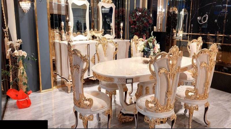 Xlmoebel Esszimmer-Set Holz Esszimmermöbel Tisch Stühle und Anrichte mit integriertem Spiegel, (9-St., Esstisch + 6x Stühle + Anrichte + Spiegel), Hergestellt in Europa von Xlmoebel