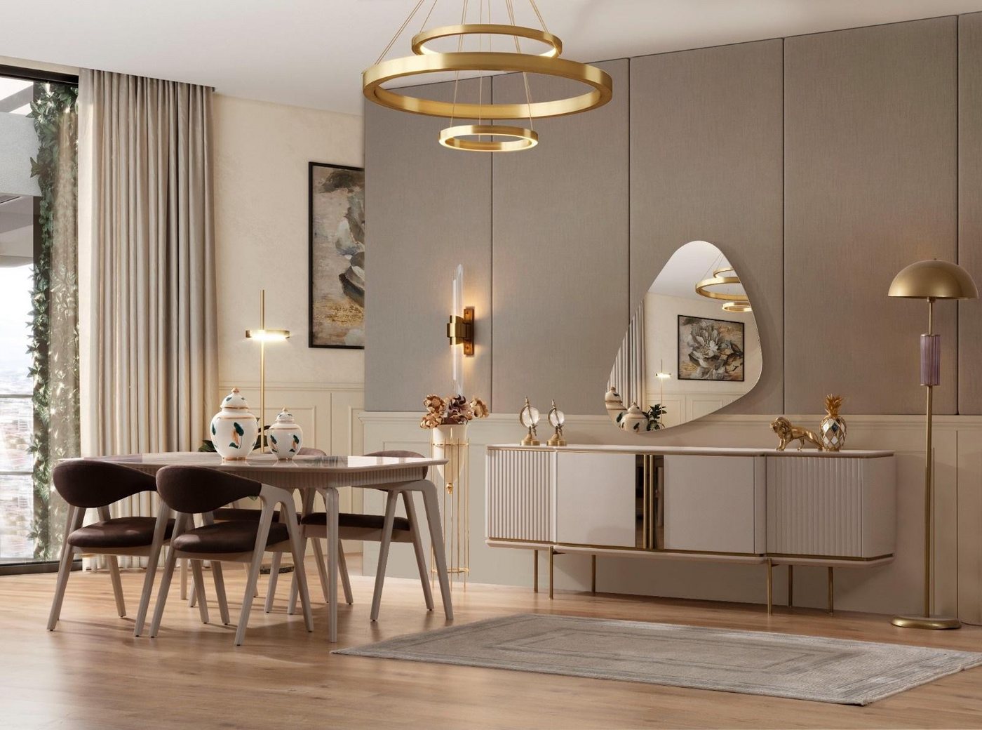 Xlmoebel Esszimmer-Set Holzmöbel Designer Esszimmer Set mit Beigem Esstisch und 4 Stühlen -, (7tlg.Esszimmer Set (Esstisch+4x Stühle+Anrichte+Spiegel), Hergestellt in Europa von Xlmoebel