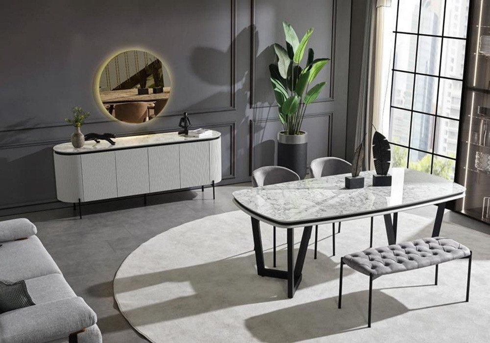 Xlmoebel Esszimmer-Set Klassischer Esszimmertisch mit 2 Stühlen, bequemer Hocker, Kommode mit, (6tlg. Esszimmer Set(Esstisch+2x Stühle+Hocker+Kommode mit Spiegel), Hergestellt in Europa von Xlmoebel