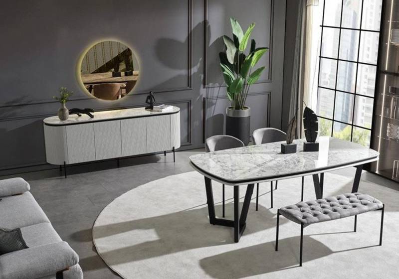 Xlmoebel Esszimmer-Set Klassischer Esszimmertisch mit 2 Stühlen, bequemer Hocker, Kommode mit, (6tlg. Esszimmer Set(Esstisch+2x Stühle+Hocker+Kommode mit Spiegel), Hergestellt in Europa von Xlmoebel