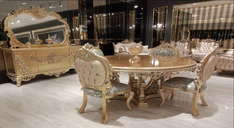 Xlmoebel Esszimmer-Set Luxus Set Esszimmer Esstisch Stühle Kommode Spiegel 7tlg., (7-St., Esstisch + 4x Stühle + Kommode + Spiegel), Hergestellt in Europa von Xlmoebel