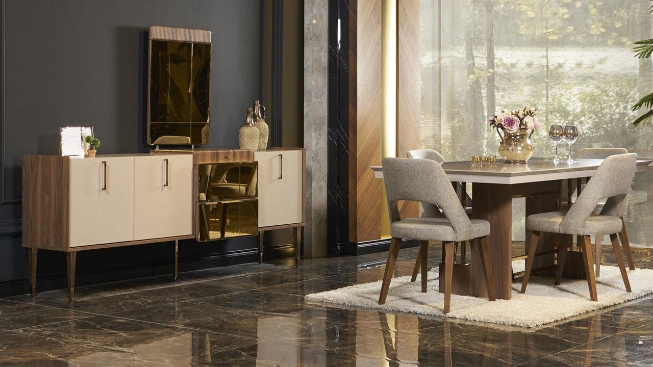 Xlmoebel Esszimmer-Set Modernes Esszimmer-Ensemble: Tisch mit 4 Stühlen, Kommode und Spiegel, (7-St., 7tlg Esszimmer Set(Esstisch+4x Stuhle+Kommode+ Spiegel), Hergestellt in Europa von Xlmoebel