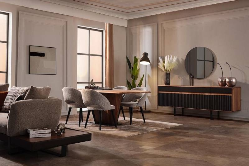 Xlmoebel Esszimmer-Set Möbel-Set für den Essbereich: Esstisch aus Holz, Kommode und 4 Stühle, (7-St., 7tlg. Esszimmer Set (Esstisch + 4x Stühle + Kommode + Spiegel), Hergestellt in Europa von Xlmoebel
