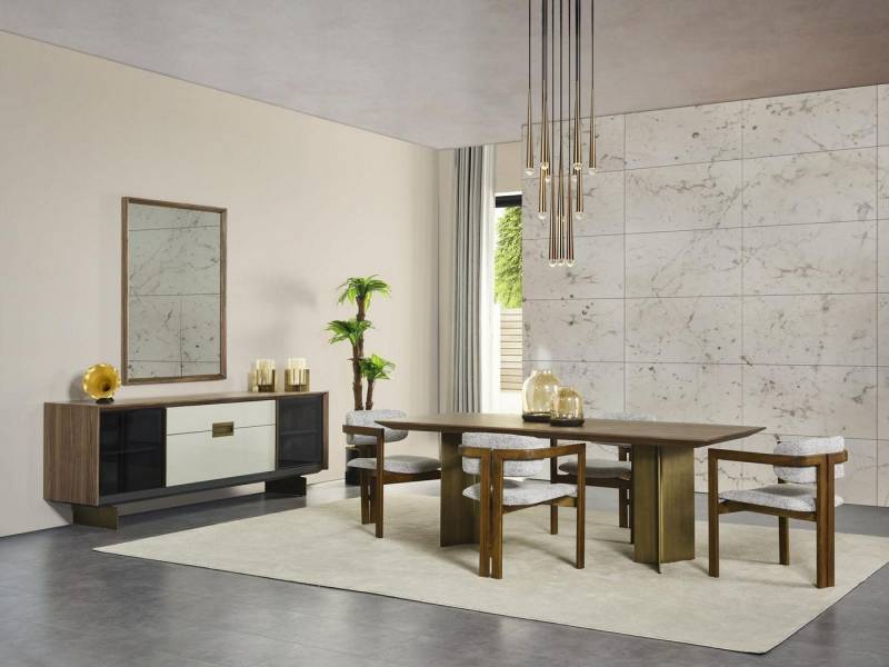 Xlmoebel Essgruppe Neu - 9-teiliges Esszimmer-Set in braunem Holz mit Esstisch, Essgruppe, (Set 9tlg Esszimmer (Esstisch + 6xStühle + Sideboard + Spiegel), Hergestellt in Europa von Xlmoebel