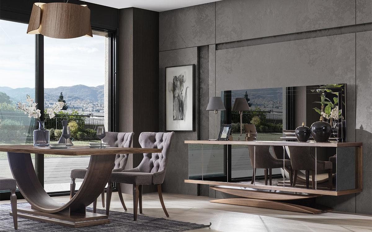 Xlmoebel Essgruppe Neues Designer Esszimmermöbel-Ensemble mit 6 Stühlen, Esstisch, (9tlg.Esszimmer Set(Esstisch+6xStühle+Sideboard+Spiegel), Hergestellt in Europa von Xlmoebel
