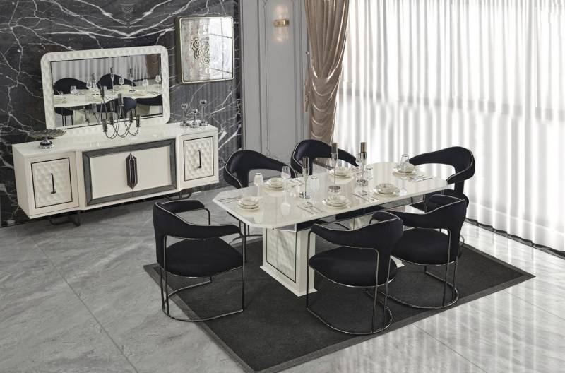 Xlmoebel Esszimmer-Set Neues Esszimmer-Ensemble mit weißem Esstisch, 6 Stühlen und weißem, (9tlg. Esszimmer Set (Esstisch+6x Stühle+Sideboard+Spiegel), Hergestellt in Europa von Xlmoebel