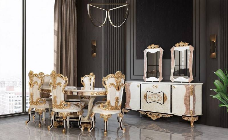 Xlmoebel Essgruppe Neuweißes Set für das Esszimmer mit Luxusausstattung: Esstisch, 6, (9 tlg. Esszimmer Set (Esstisch + 6x Stühle + Anrichte mit Spiegel), Hergestellt in Europa von Xlmoebel