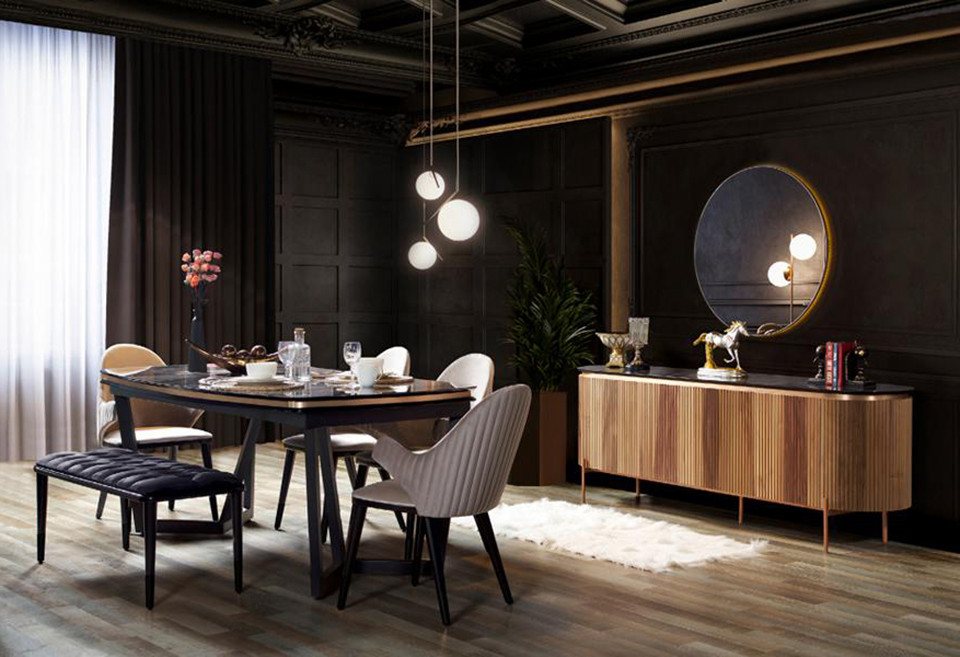 Xlmoebel Esszimmer-Set Qualitätsvolles Esszimmer-Ensemble: Esstisch mit 4 Stühlen, Hocker und, (8tlg. Esszimmer Set(Esstisch+4x Stühle+Hocker+Kommode mit Spiegel), Hergestellt in Europa von Xlmoebel