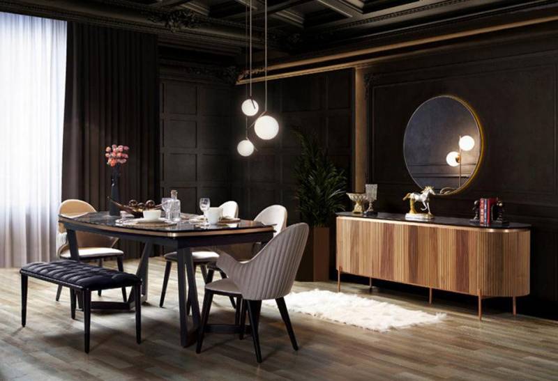 Xlmoebel Esszimmer-Set Qualitätsvolles Esszimmer-Ensemble: Esstisch mit 4 Stühlen, Hocker und, (8tlg. Esszimmer Set(Esstisch+4x Stühle+Hocker+Kommode mit Spiegel), Hergestellt in Europa von Xlmoebel