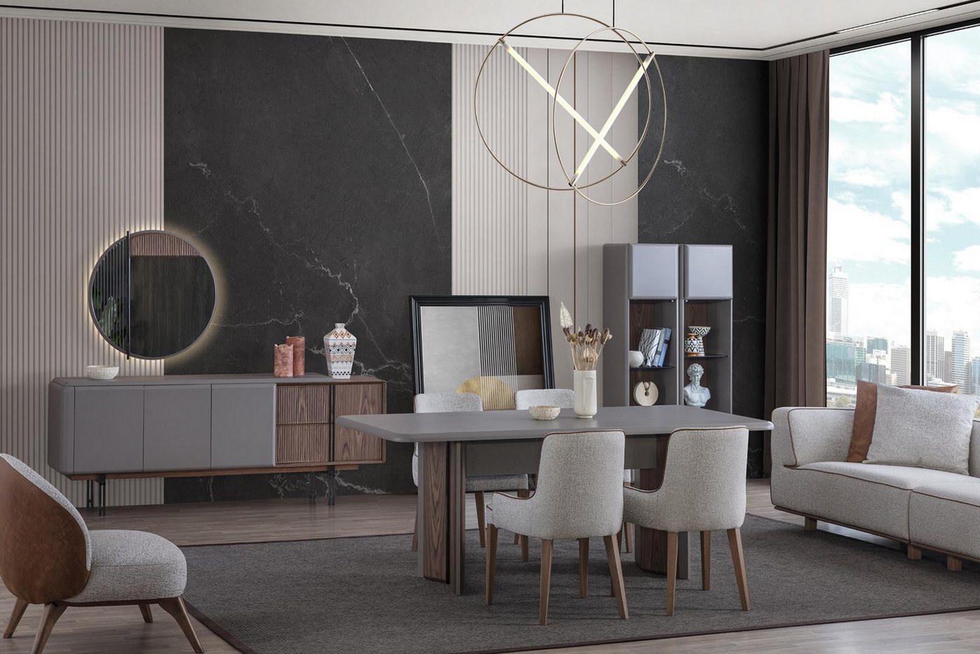 Xlmoebel Esszimmer-Set Set Esstisch 4 Stühlen und Anrichte mit Spiegel Esszimmer, (7-St., Esstisch+4x Stühle+Anrichte+Spiegel), Hergestellt in Europa von Xlmoebel