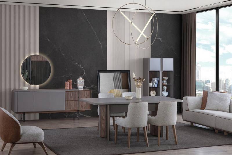 Xlmoebel Esszimmer-Set Set Esstisch 4 Stühlen und Anrichte mit Spiegel Esszimmer, (7-St., Esstisch+4x Stühle+Anrichte+Spiegel), Hergestellt in Europa von Xlmoebel