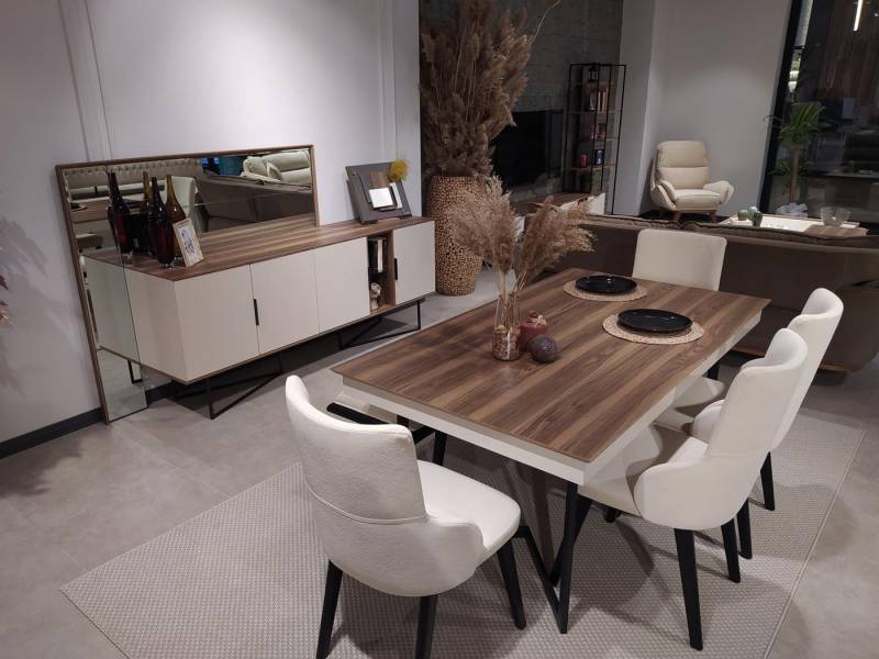 Xlmoebel Essgruppe Set mit Tisch und 4 Stühlen, Anrichte, Spiegel und 7-teilige Essgruppe, (7tlg.Esszimmer Set(Tisch + 4x Stühle + Anrichte + Spiegel), Hergestellt in Europa von Xlmoebel