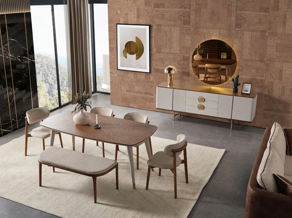 Xlmoebel Esszimmer-Set Stilvolles Speisezimmer-Set in modernem Beige: Esstisch mit 4 Stühlen, (8tlg. Esszimmer Set(Esstisch+4x Stühle+Hocker+Kommode mit Spiegel), Hergestellt in Europa von Xlmoebel