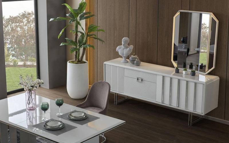 Xlmoebel Sideboard Weißes Sideboard Hochglanz mit Spiegel und Metallfüßen (2tlg.Esszimmer Set(Sideboard+Spiegel), Hergestellt in Europa von Xlmoebel