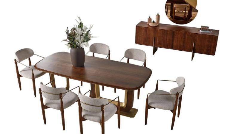 Xlmoebel Esszimmer-Set Zeitgemäßes Esszimmer-Ensemble mit Esstisch, 6 Stühlen, Spiegel, (9tlg.Esszimmer Set(Esstisch+6x Stühle+Spiegel+Anrichte), Hergestellt in Europa von Xlmoebel