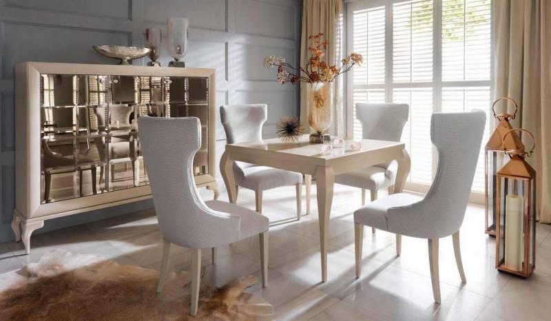 Xlmoebel Esszimmer-Set 6-teiliges Set in Weiß mit Tisch und Stühlen für stilvolles Esszimmer, (6-St., Esstisch + 4x Stühle + Kommode), Hergestellt in Europa von Xlmoebel