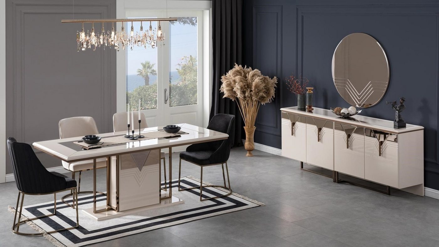 Xlmoebel Essgruppe 9-teiliges Luxus-Esszimmer-Set in Weiß mit Esstisch Stühlen, (9-tlg., Set 9tlg Esszimmer (Esstisch + 6xStühle + Sideboard + Spiegel), Hergestellt in Europa von Xlmoebel