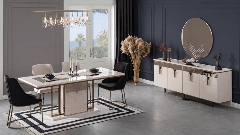 Xlmoebel Essgruppe 9-teiliges Luxus-Esszimmer-Set in Weiß mit Esstisch Stühlen, (9-tlg., Set 9tlg Esszimmer (Esstisch + 6xStühle + Sideboard + Spiegel), Hergestellt in Europa von Xlmoebel