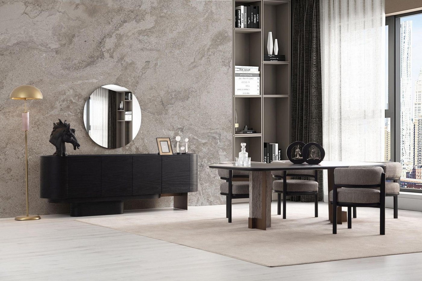 Xlmoebel Esszimmer-Set Designer Esszimmer Set mit Esstisch, 6 Stühlen, Anrichte und Spiegel, (9tlg.Esszimmer Set (Esstisch+6x Stühle+Anrichte+Spiegel), Hergestellt in Europa von Xlmoebel