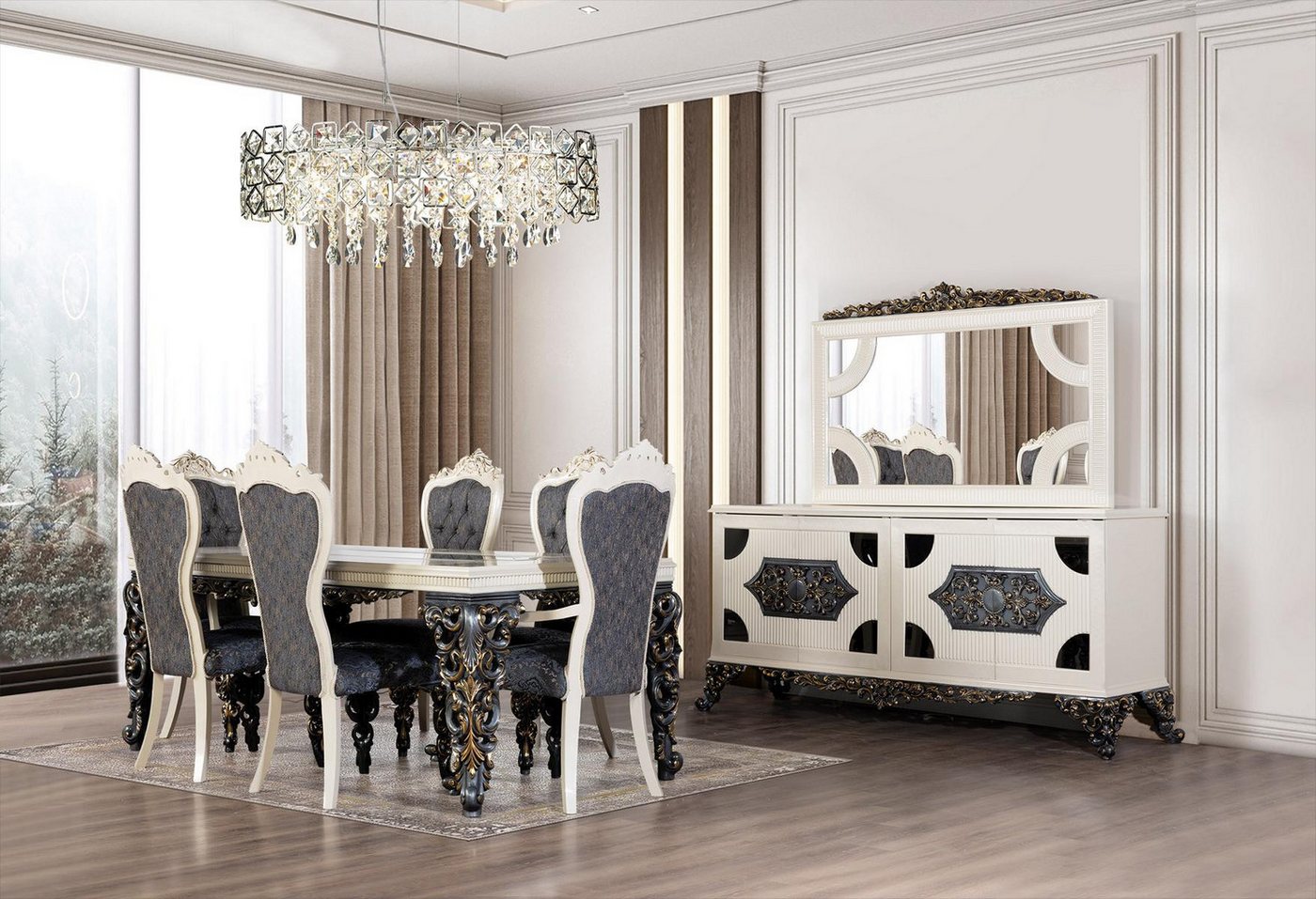 Xlmoebel Esszimmer-Set Essbereich Ensemble Tisch + 6 Stühle + Anrichte mit Spiegel 8-teilig, (8-St., Esstisch / 6x Stühle / Kommod mit Spiegel: Spiegel ohne Größe), Hergestellt in Europa von Xlmoebel