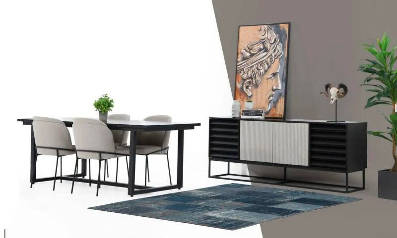Xlmoebel Esszimmer-Set Essbereich Essensgruppe Esszimmer Tisch Stühle 8tlg Holz Schwarz Neu, (8-St., 1x Esstisch + 6x Stühle + 1x Sideboard), Hergestellt in Europa von Xlmoebel