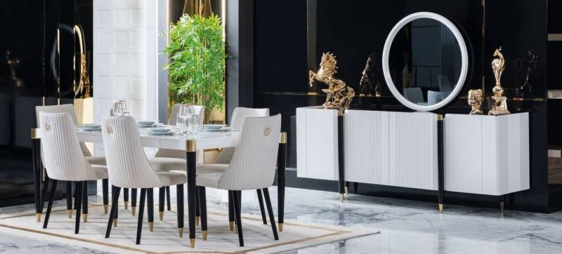 Xlmoebel Esszimmer-Set Esstisch 6 Stühle Kommode Spiegel Komplettes Esszimmer Garnitur 9tlg, (9-St., Spiegel, Kommode, Esstisch, 6x Stühle), Hergestellt in Europa von Xlmoebel
