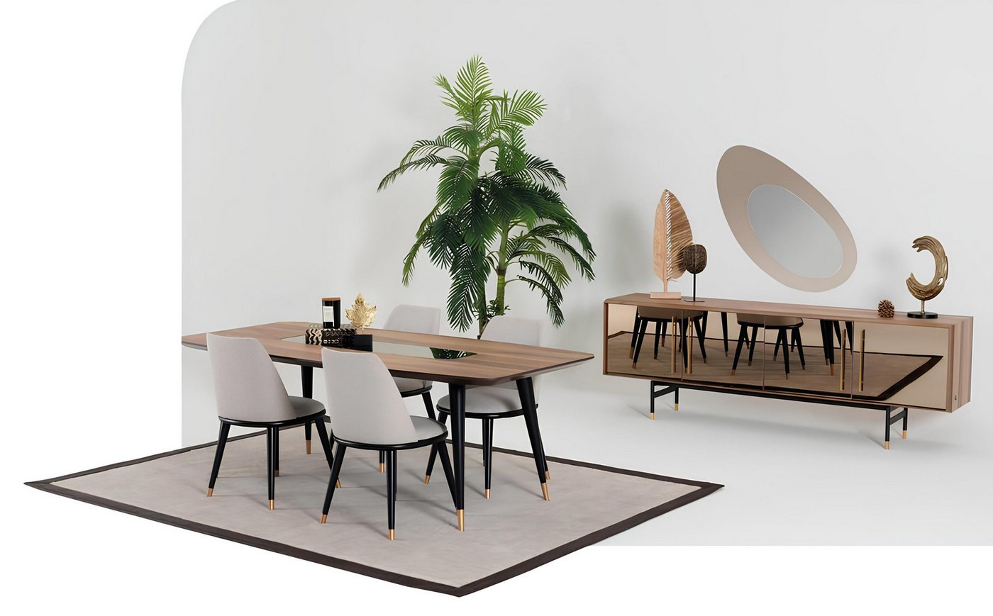 Xlmoebel Esszimmer-Set Esszimmer-Ensemble 7-teilig: Tisch 4 Stühle Anrichte Spiegel, (7tlg.Esszimmer Set(Tisch + 4x Stühle + Anrichte + Spiegel), Hergestellt in Europa von Xlmoebel