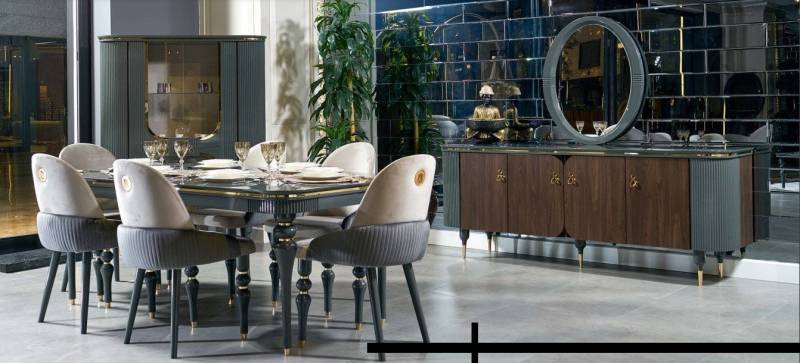 Xlmoebel Esszimmer-Set Esszimmer Garnitur Vitrine Tisch 6x Stuhl Kommode Spiegel Set 10tlg, (10-St., Vitrine, Kommode, Spiegel, Esstisch, 6x Stühle), Hergestellt in Europa von Xlmoebel