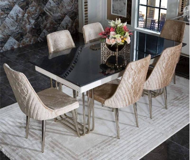 Xlmoebel Essgruppe Esszimmermöbel-Set mit schwarz-weißem Glastisch und Designer-Stühlen, (7tlg.Esszimmer Set(Esstisch+x6 Stühle), Hergestellt in Europa von Xlmoebel