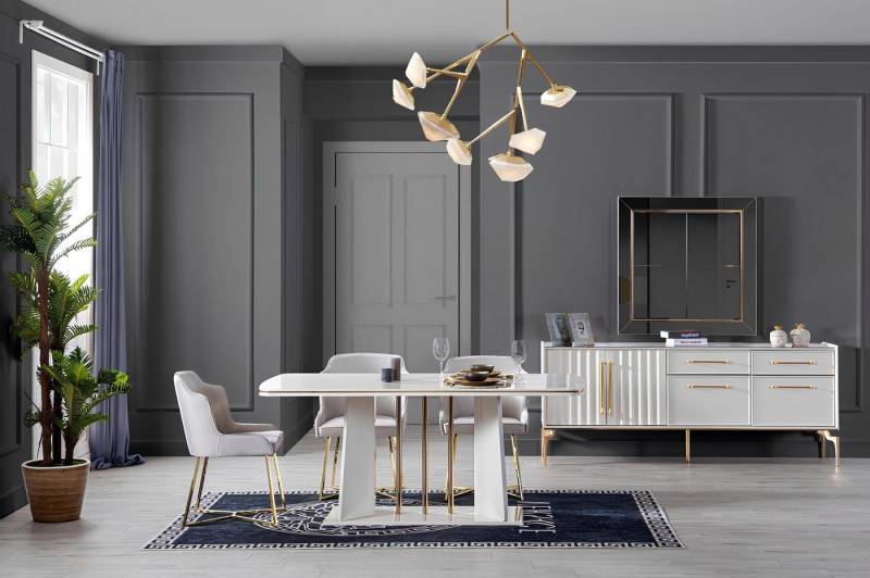 Xlmoebel Esszimmer-Set Esszimmertisch mit 4 Stühlen, Komplettset mit Kommode und Esstisch, (7tlg. Esszimmer Set (Esstisch+4x Stühle+Kommode+Spiegel), Hergestellt in Europa von Xlmoebel