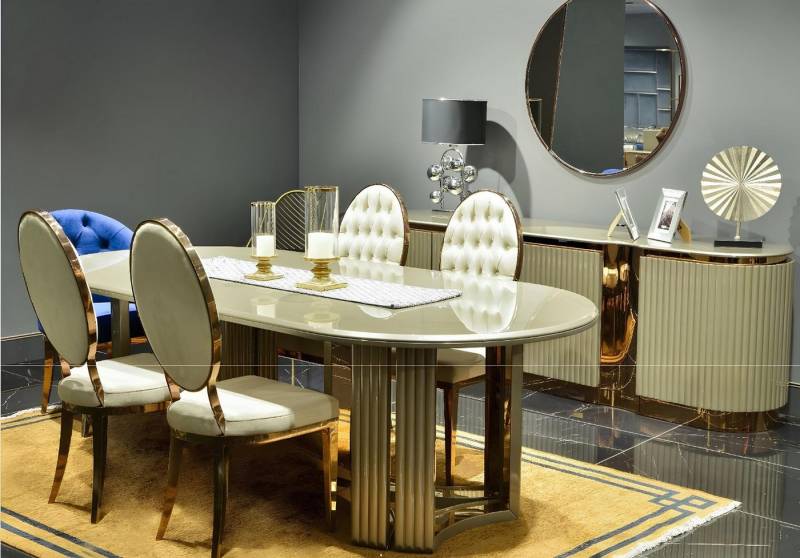 Xlmoebel Esszimmer-Set Hochwertiges Esszimmer-Set in Beige mit Esstisch und Stühlen aus Holz, (9-St., Set 9tlg Esszimmer (Esstisch + 6xStühle + Sideboard+ Spiegel), Hergestellt in Europa von Xlmoebel