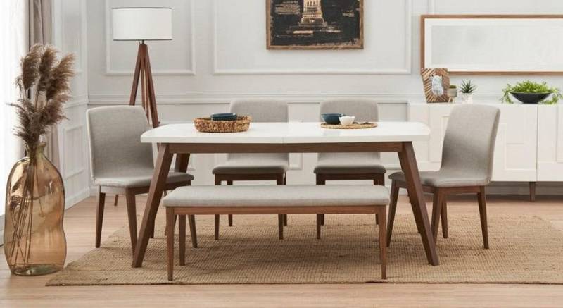 Xlmoebel Esszimmer-Set Komplette Esszimmermöbel Set: Esstisch mit 4 Stühlen und Bank aus Holz, (6-St., 6tlg. Esszimmer Set (Esstisch + 4x Stuhle + Bank), Hergestellt in Europa von Xlmoebel