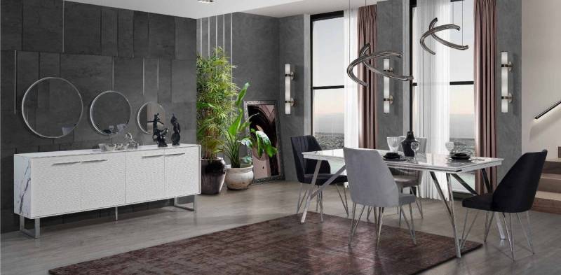 Xlmoebel Esszimmer-Set Luxuriöse Polsterstühle und eine Kommode für das Esszimmer in Grau, (6tlg.Esszimmer Se t(Esstisch+ x4 Stühle+Kommode mit Spiegel), Hergestellt in Europa von Xlmoebel