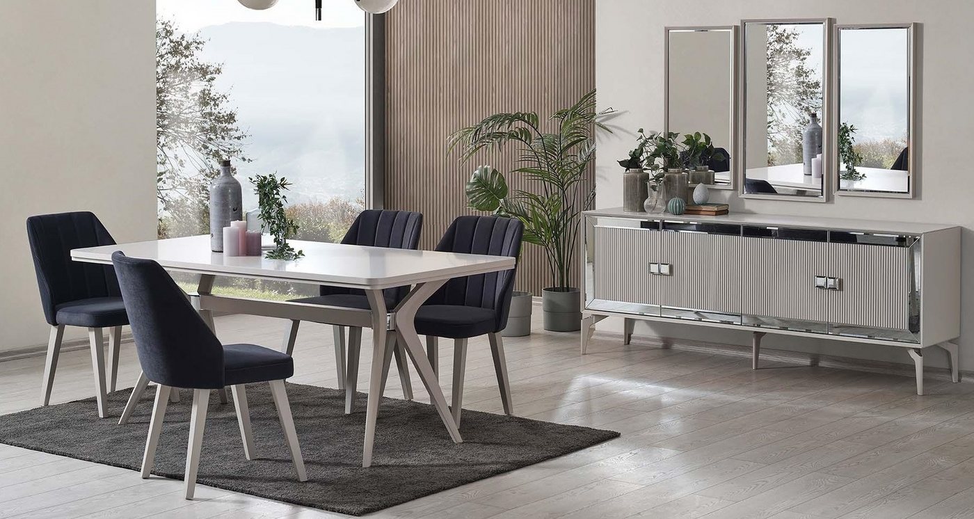 Xlmoebel Essgruppe Luxuriöses Esszimmer-Set mit Esstisch in Grau aus Holz, (9-tlg., Set 9tlg Esszimmer (Esstisch + 6xStühle + Sideboard + Spiegel), Hergestellt in Europa von Xlmoebel