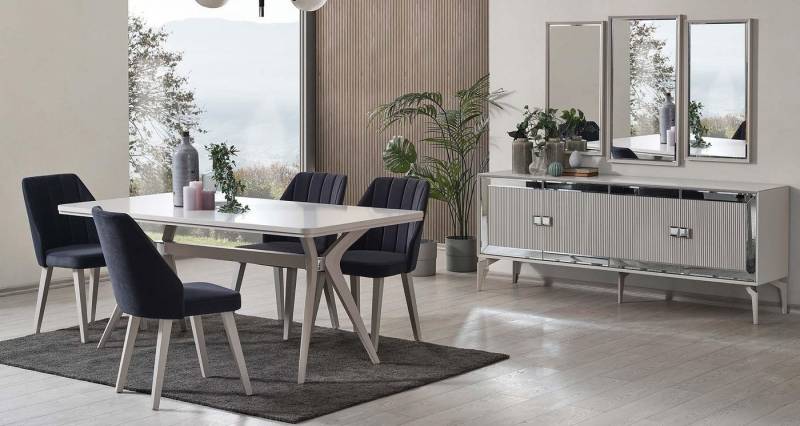 Xlmoebel Essgruppe Luxuriöses Esszimmer-Set mit Esstisch in Grau aus Holz, (9-tlg., Set 9tlg Esszimmer (Esstisch + 6xStühle + Sideboard + Spiegel), Hergestellt in Europa von Xlmoebel