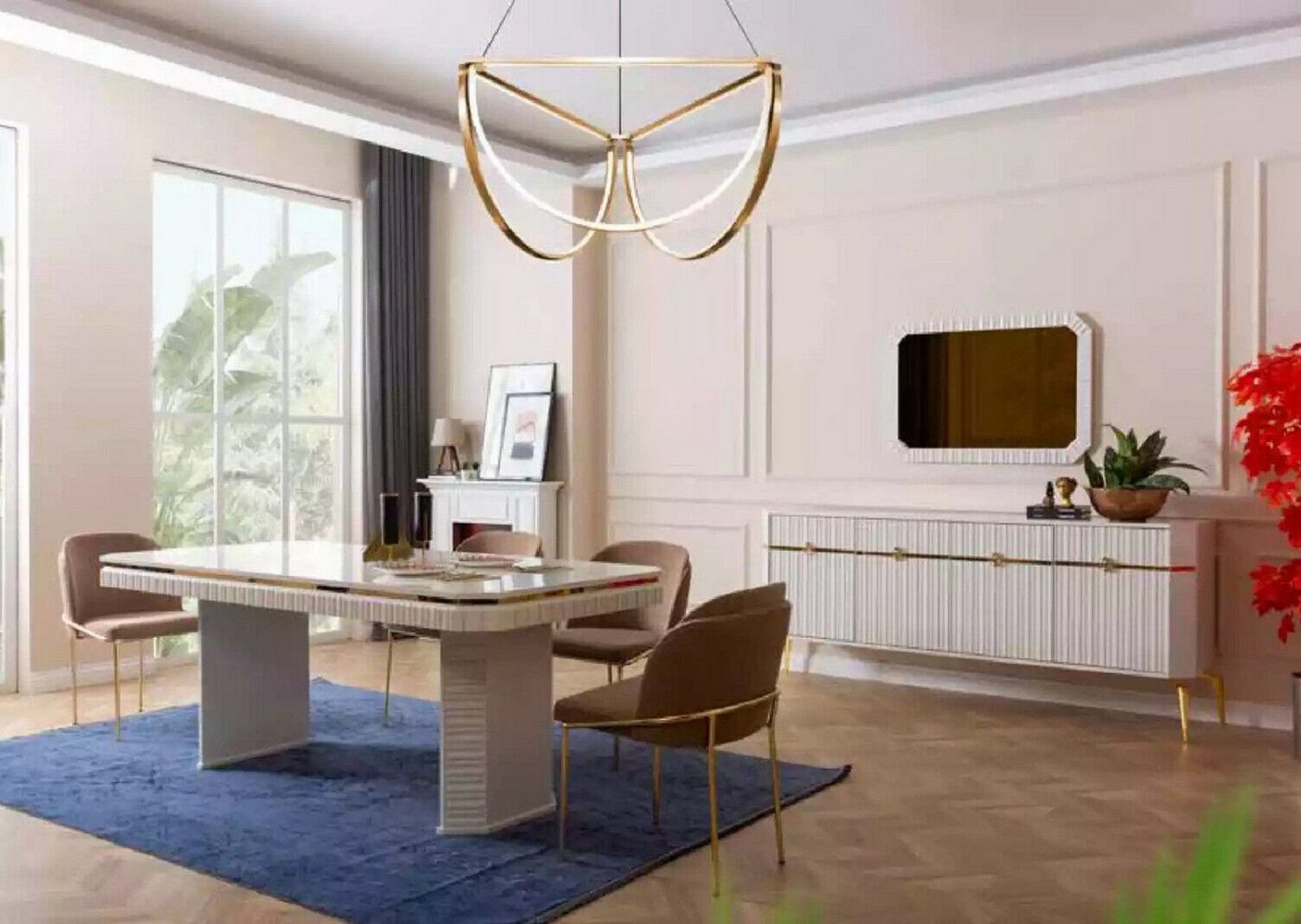 Xlmoebel Esszimmer-Set Mahlzeit Set Tafel 6x Sitzmöbel Beistellschrank Spiegel 9-teilige, (9tlg. Esszimmer Set (Esstisch + 6x Stühle + Sideboard + Spiegel), Hergestellt in Europa von Xlmoebel