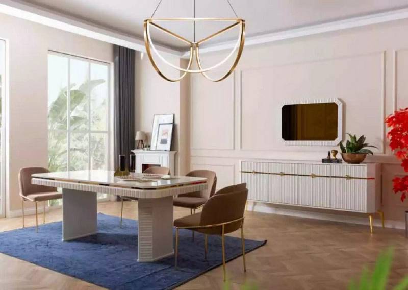 Xlmoebel Esszimmer-Set Mahlzeit Set Tafel 6x Sitzmöbel Beistellschrank Spiegel 9-teilige, (9tlg. Esszimmer Set (Esstisch + 6x Stühle + Sideboard + Spiegel), Hergestellt in Europa von Xlmoebel