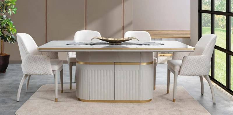 Xlmoebel Essgruppe Moderner Hochglanz-Esstisch mit 4 Stühlen in Weiß & Edelstahl, (5-tlg., 5tlg. Esszimmer Set (Esstisch + 4x Stühle), Hergestellt in Europa von Xlmoebel